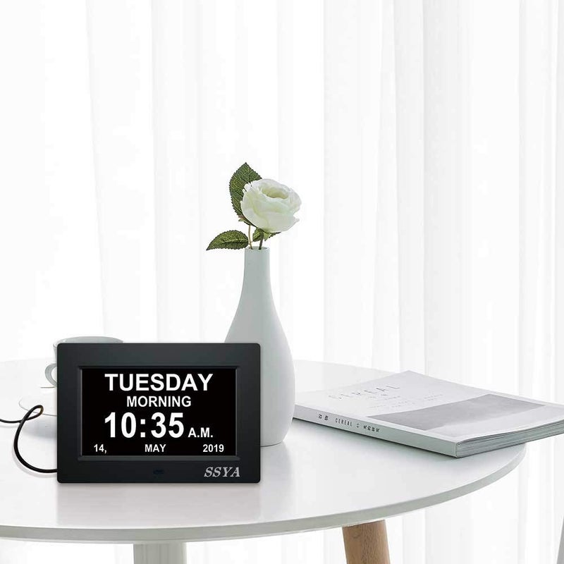 SSYA 7 Inch Calendar Clock - 12 Alarm Options, Level 5 Auto Dimmable Display,Extra Large Impaired Vision Digital Clock with Non-Abbreviated Day & Month (Black) - Image 5